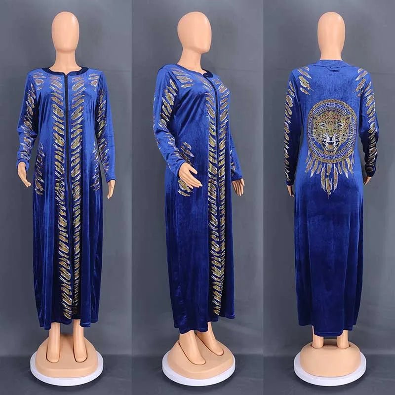 African Velvet Maxi Dress: Letter Robe Style with Sequins, O-Neck and Short Sleeves - Flexi Africa - www.flexiafrica.com