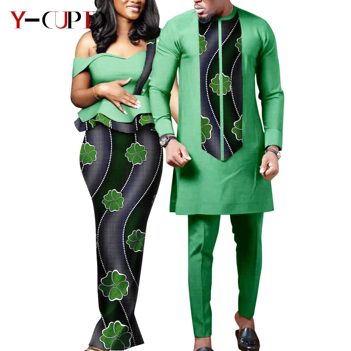 African Wedding Couple Set – Women’s Dashiki Print Dress & Men’s Kaftan Top and Pant Outfit - Free Delivery Worldwide only at Flexi Africa