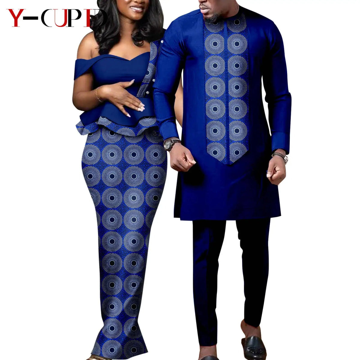 African Wedding Couple Set – Women’s Dashiki Print Dress & Men’s Kaftan Top and Pant Outfit - Free Delivery Worldwide only at Flexi Africa