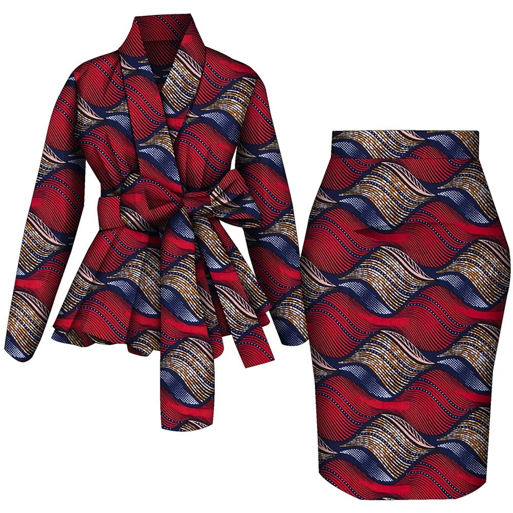 African Women Top and Skirt Set Long Sleeve Lady Skirts Set Ankara Print Suits Custom Party Clothing Cotton Wy10871 - Free Delivery Worldwide only at Flexi Africa