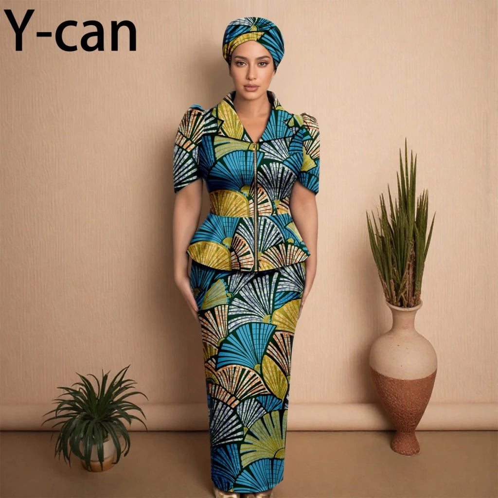 African Women Zipper Top & Slim Fit Skirt Set - Free Delivery Worldwide only at Flexi Africa