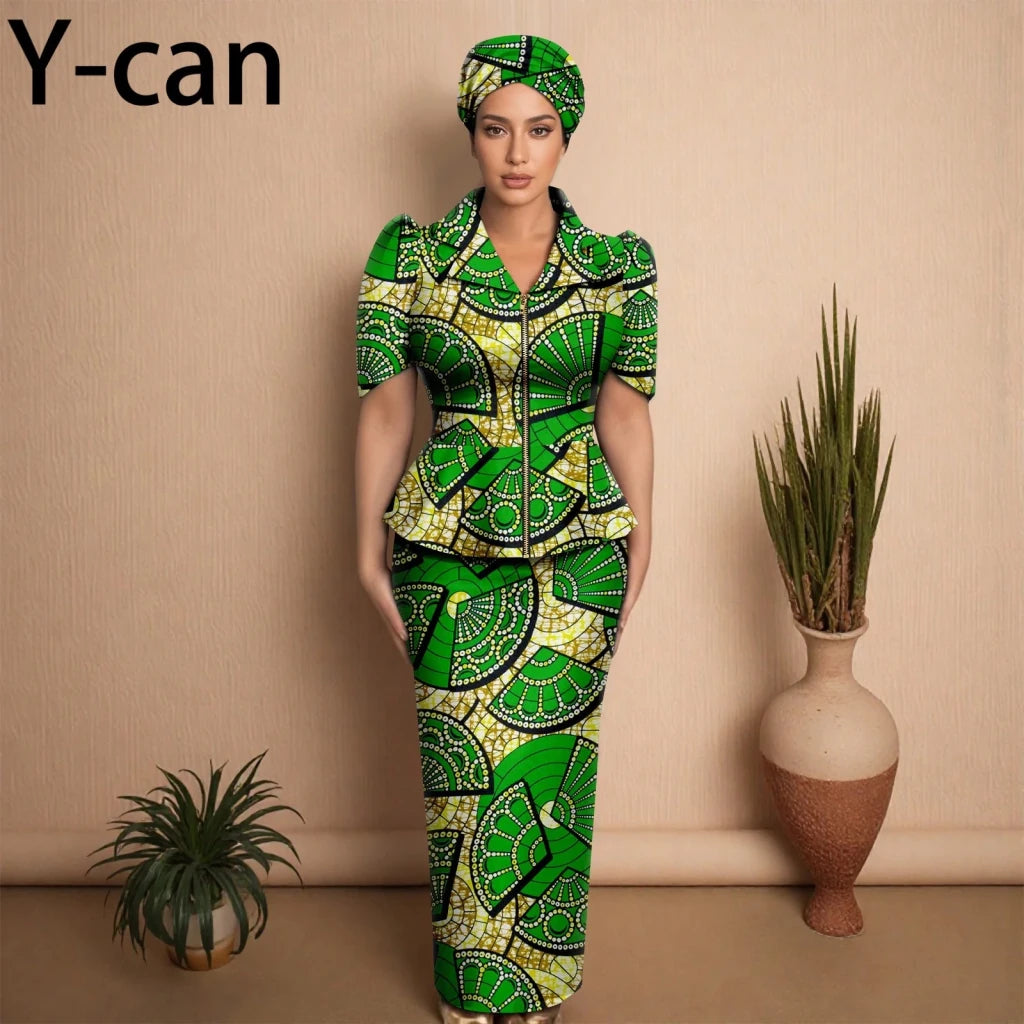 African Women Zipper Top & Slim Fit Skirt Set - Free Delivery Worldwide only at Flexi Africa