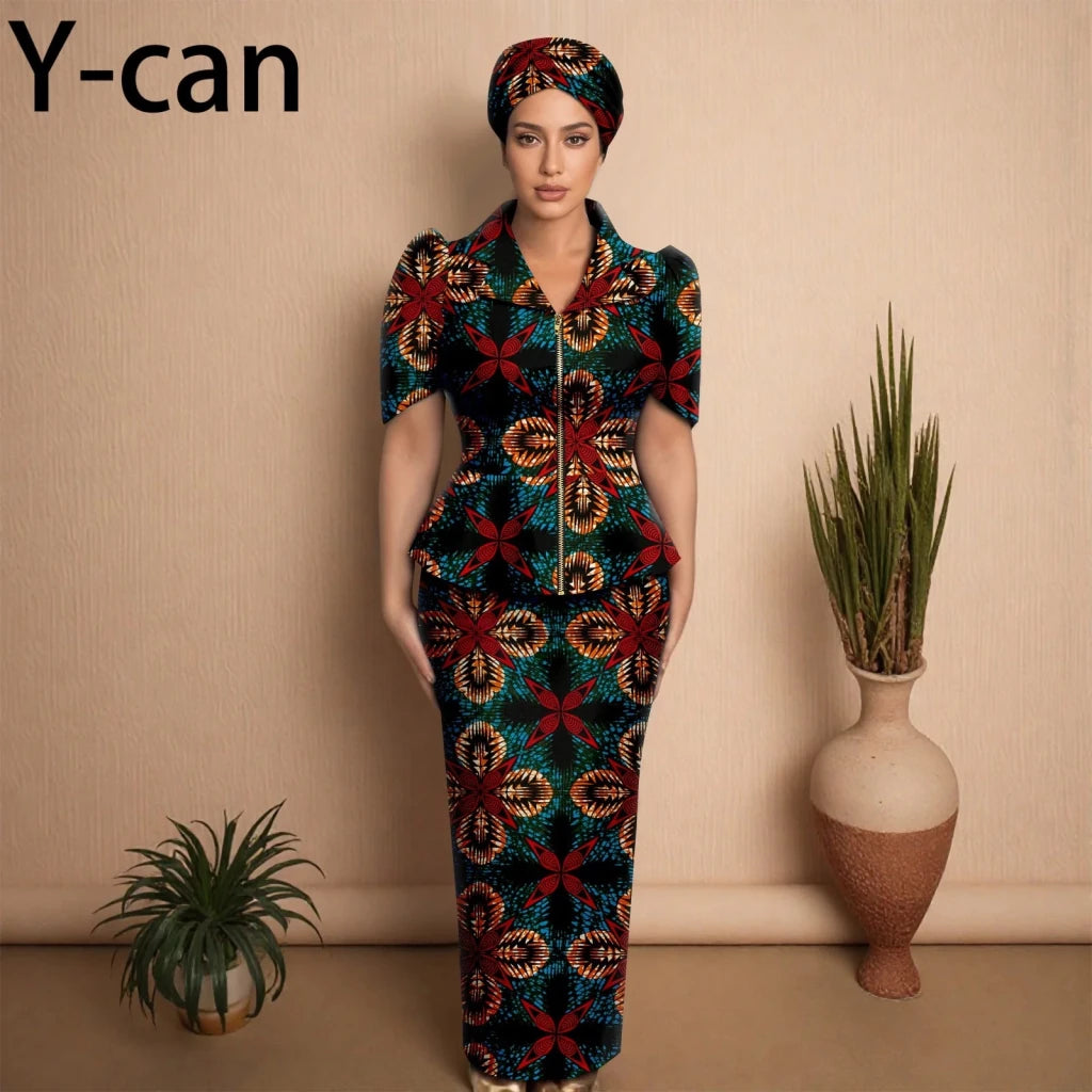 African Women Zipper Top & Slim Fit Skirt Set - Free Delivery Worldwide only at Flexi Africa