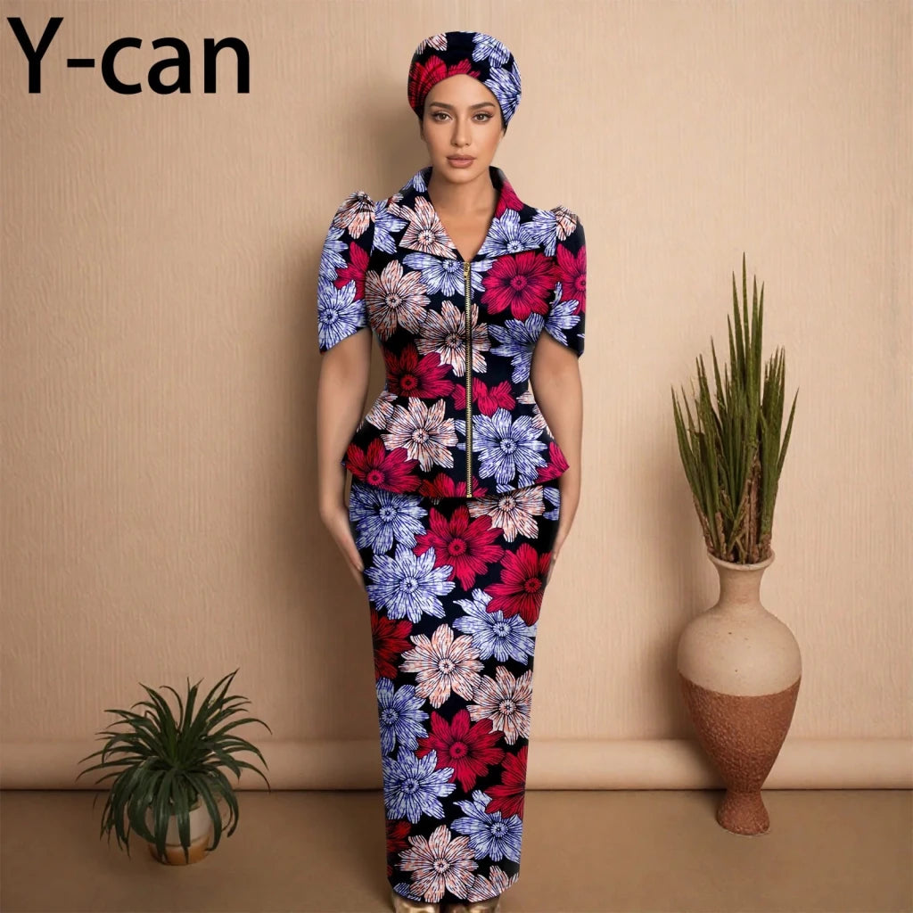African Women Zipper Top & Slim Fit Skirt Set - Free Delivery Worldwide only at Flexi Africa