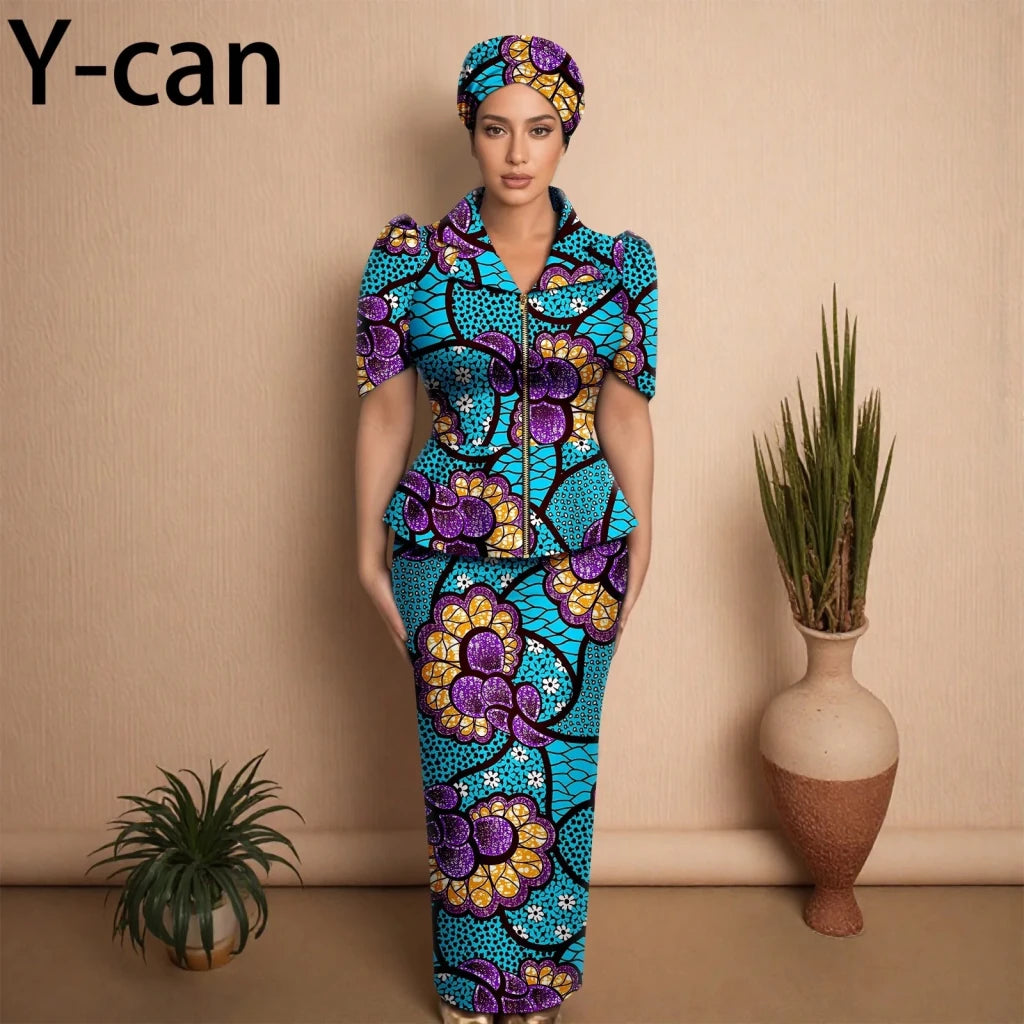 African Women Zipper Top & Slim Fit Skirt Set - Free Delivery Worldwide only at Flexi Africa