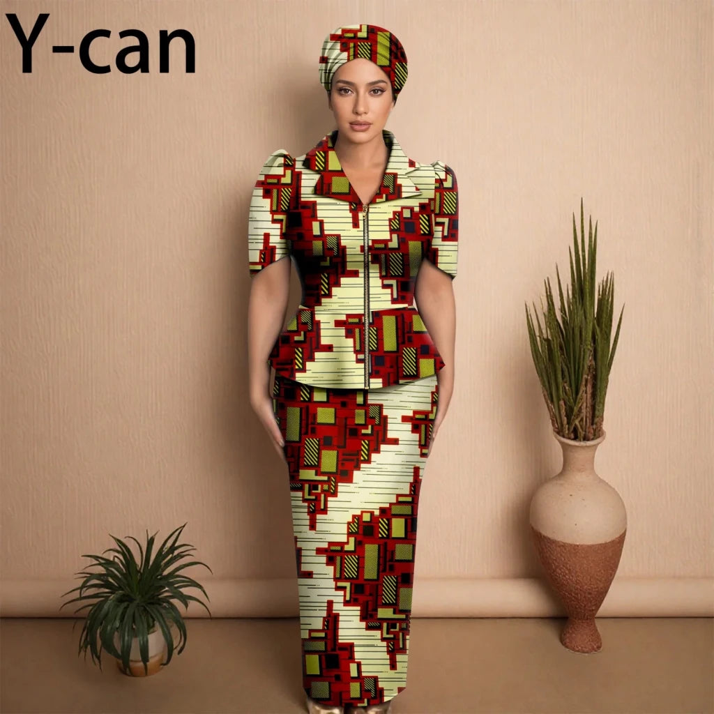 African Women Zipper Top & Slim Fit Skirt Set - Free Delivery Worldwide only at Flexi Africa