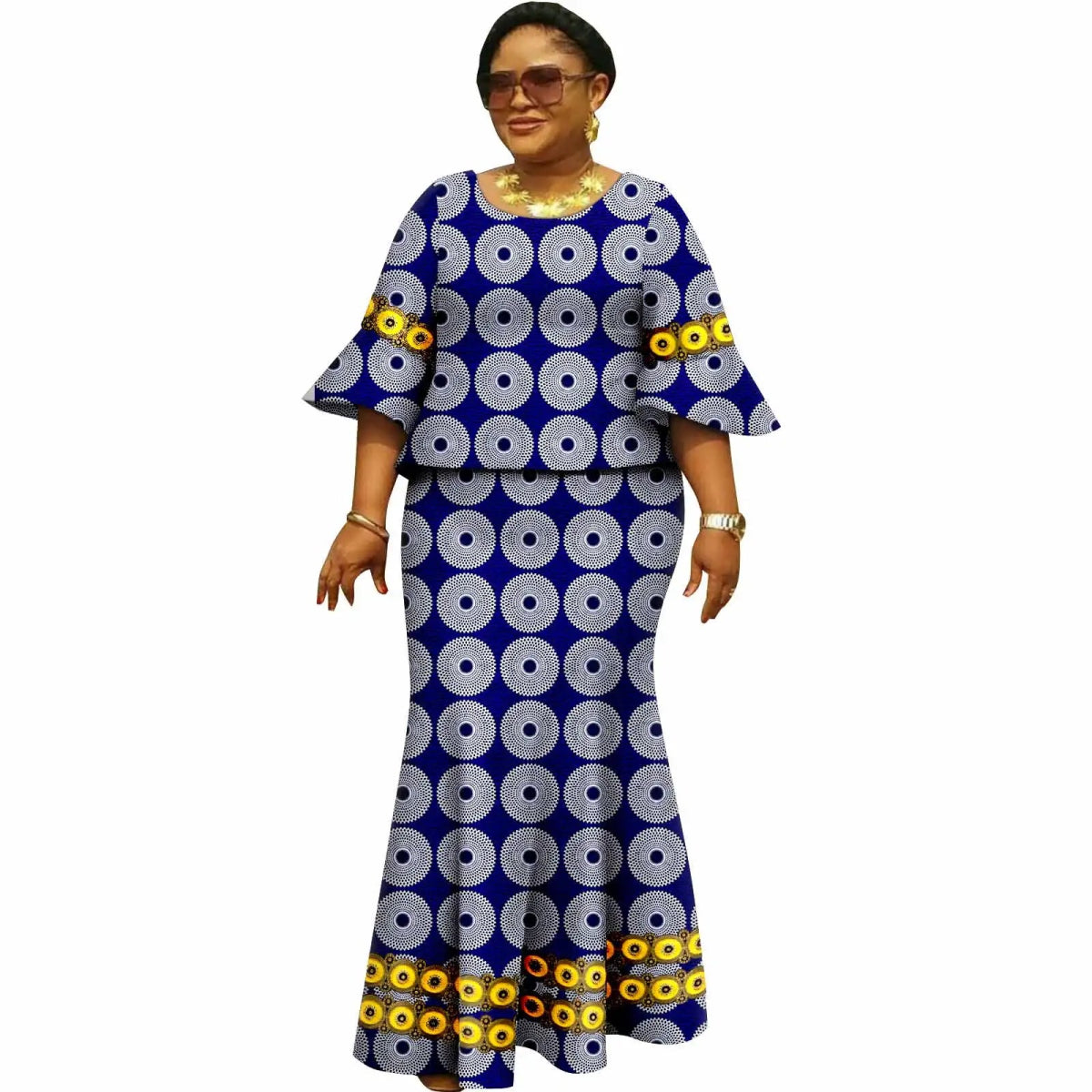 African Women's 2PC Dress – Loose - Fit Gold Printed Fabric with Flared Sleeves - Free Delivery Worldwide only at Flexi Africa