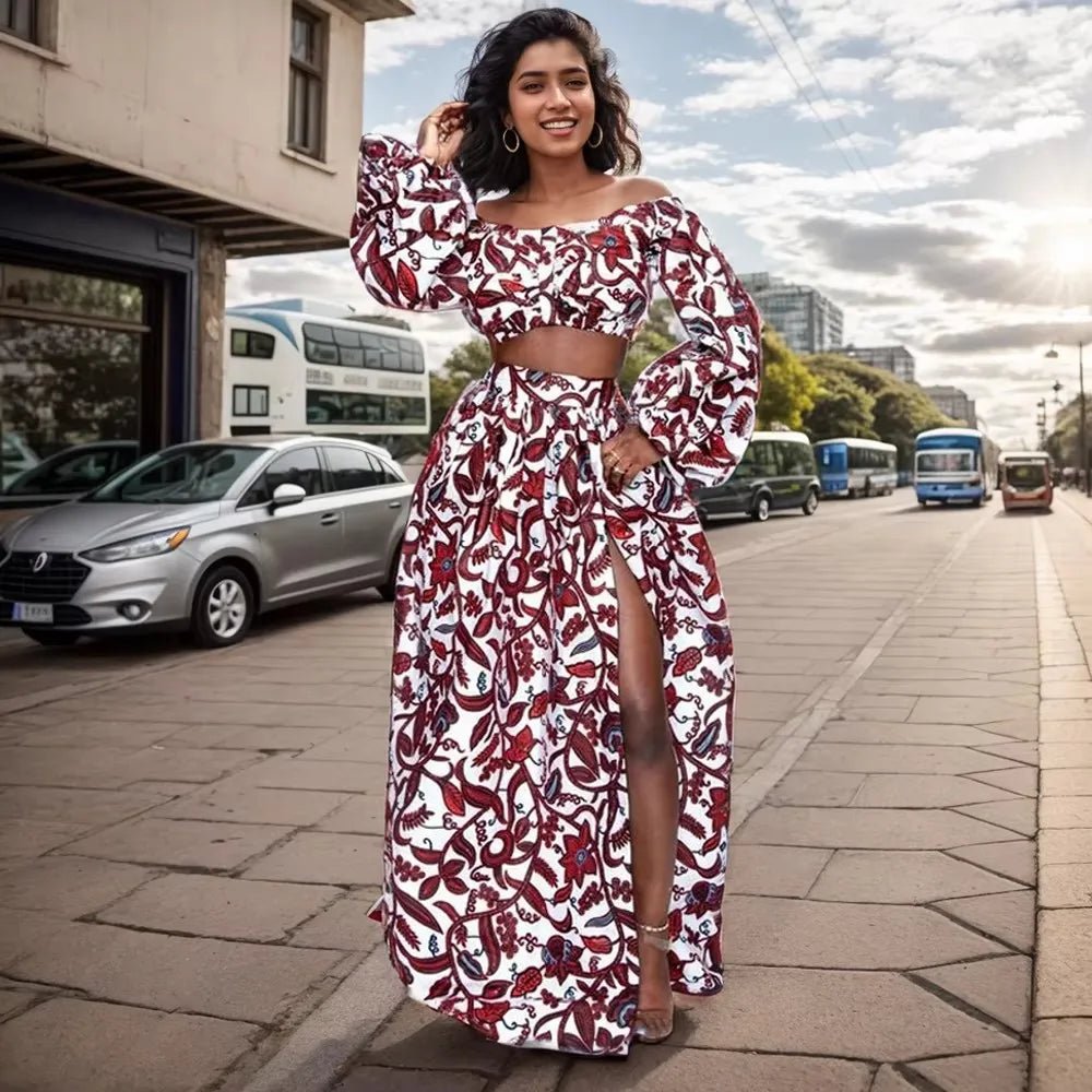 African Women’s 2PC Skirt Set – Slash Neck Top & High Slit Maxi Skirt - Free Delivery Worldwide only at Flexi Africa