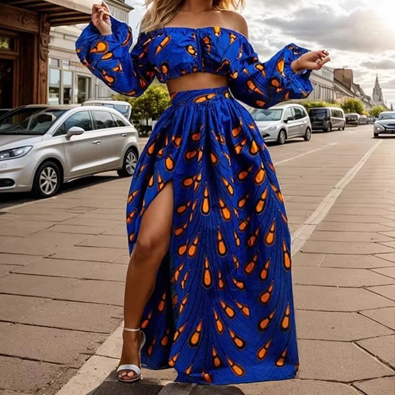 African Women’s 2PC Skirt Set – Slash Neck Top & High Slit Maxi Skirt - Free Delivery Worldwide only at Flexi Africa
