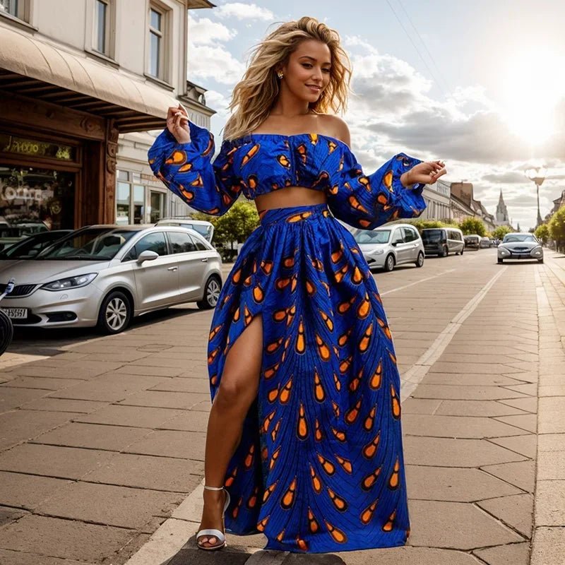 African Women’s 2PC Skirt Set – Slash Neck Top & High Slit Maxi Skirt - Free Delivery Worldwide only at Flexi Africa