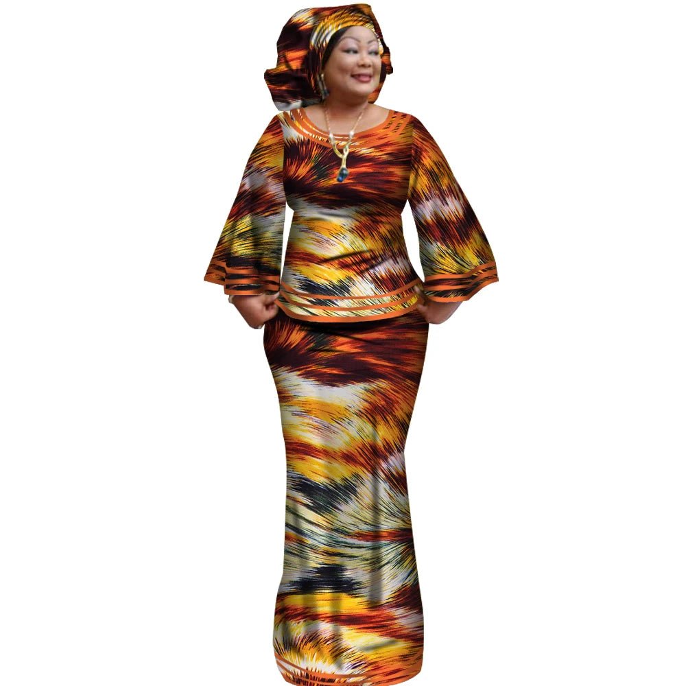 African Women’s Ankara Print 2PC Outfit – Long Sleeve Dashiki Top & Skirt Set with Matching Headwrap - Free Delivery Worldwide only at Flexi Africa