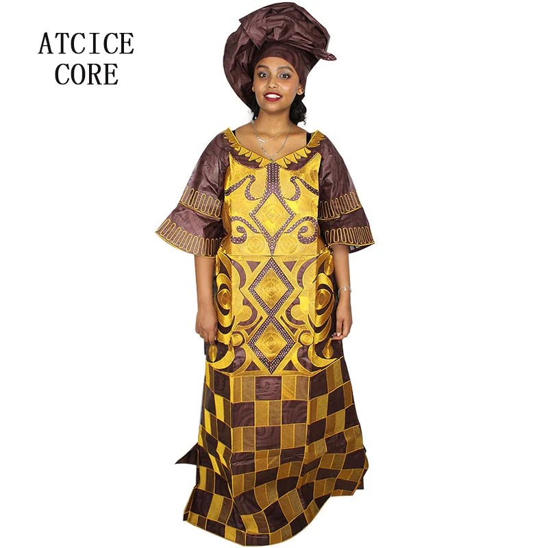 African Women's Bazin Riche Embroidered Plus - Size Long Dress with Matching Scarf - Free Delivery Worldwide only at Flexi Africa