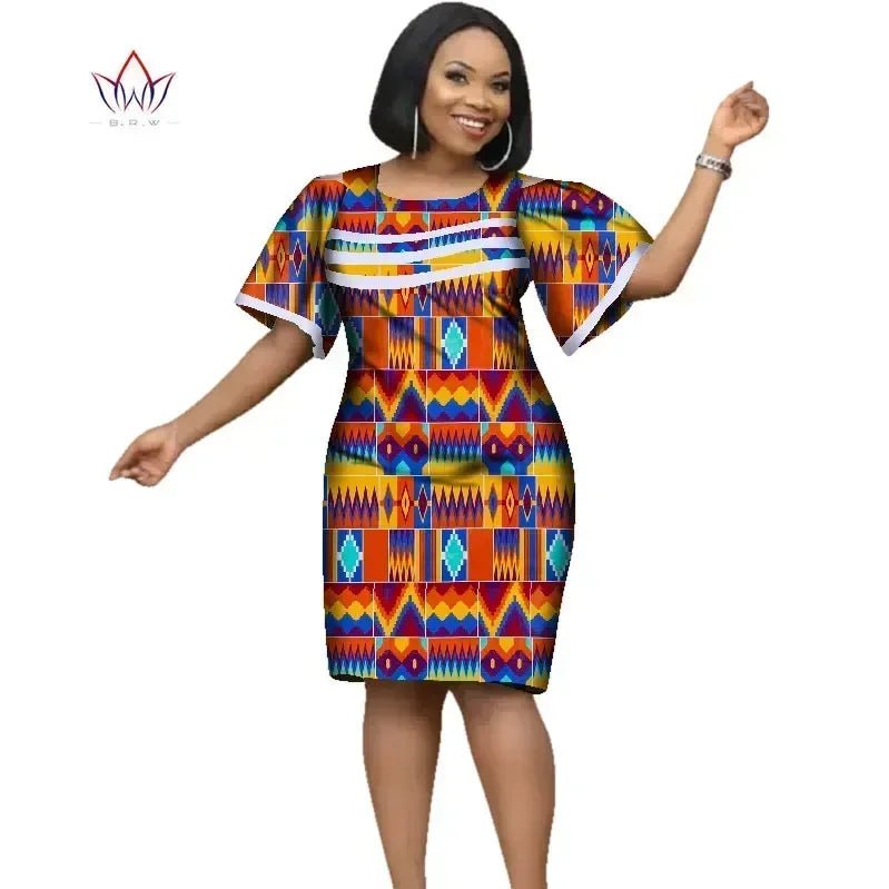 African Women’s Cotton Wax Print Dress – Dashiki Short Sleeve O - Neck Pencil Dress - Free Delivery Worldwide only at Flexi Africa