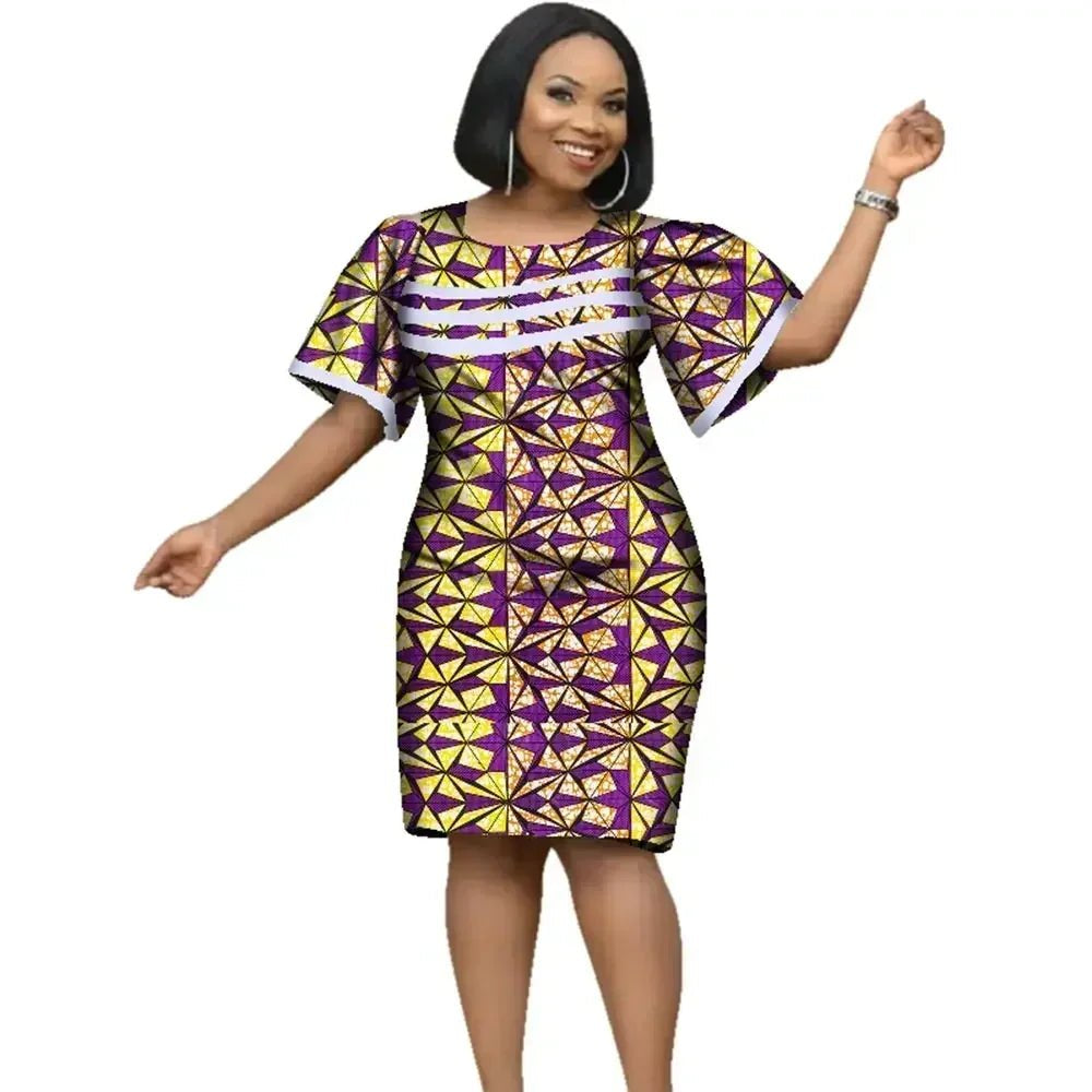 African Women’s Cotton Wax Print Dress – Dashiki Short Sleeve O - Neck Pencil Dress - Free Delivery Worldwide only at Flexi Africa