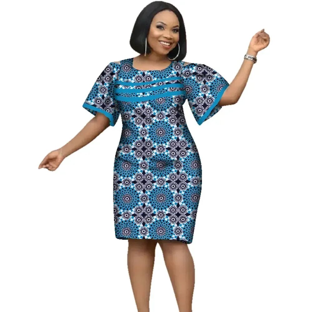 African Dashiki Pencil Dress – Cotton Wax Print, Short Sleeve