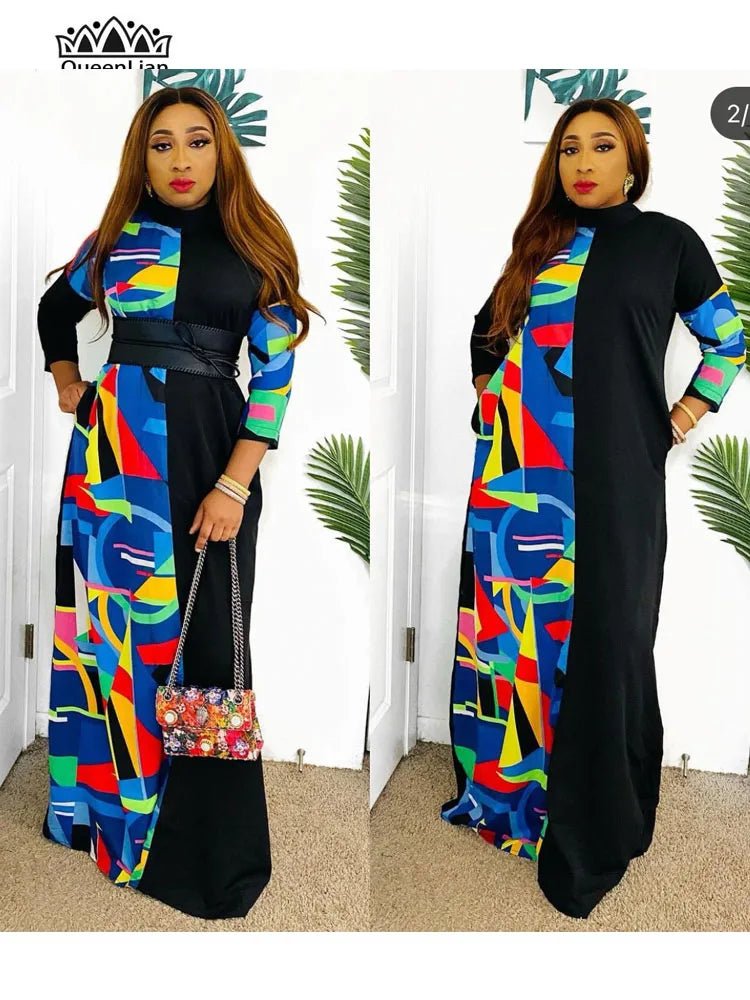 African Women's High Collar Long Sleeve Dress – Colorful Double Panel Elastic Fashion Dress - Free Delivery Worldwide only at Flexi Africa