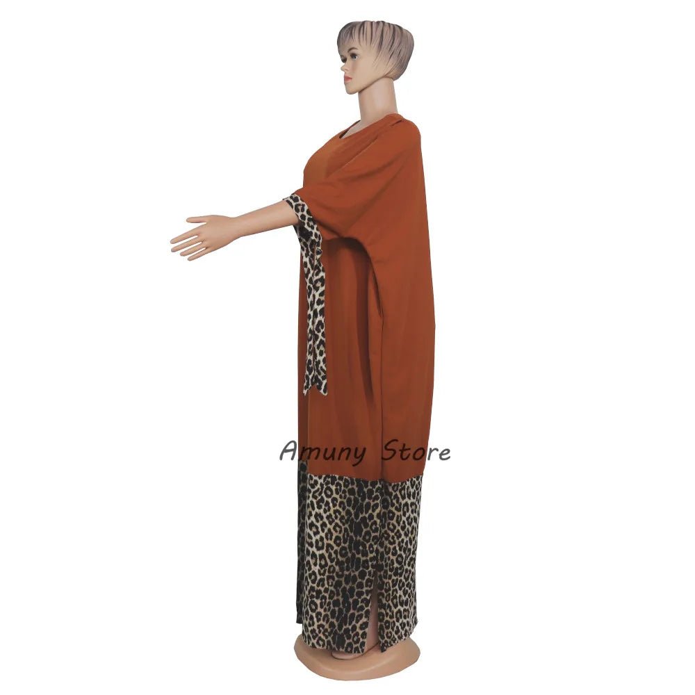 African Women’s Long Dress – Leopard Accent, Stretch Lanon Fabric, O - Neck Plus Size Fashion Gown - Free Delivery Worldwide only at Flexi Africa