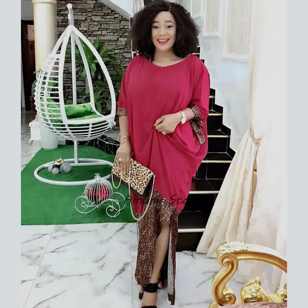 African Women’s Long Dress – Leopard Accent, Stretch Lanon Fabric, O - Neck Plus Size Fashion Gown - Free Delivery Worldwide only at Flexi Africa