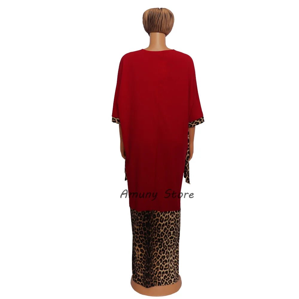 African Women’s Long Dress – Leopard Accent, Stretch Lanon Fabric, O - Neck Plus Size Fashion Gown - Free Delivery Worldwide only at Flexi Africa