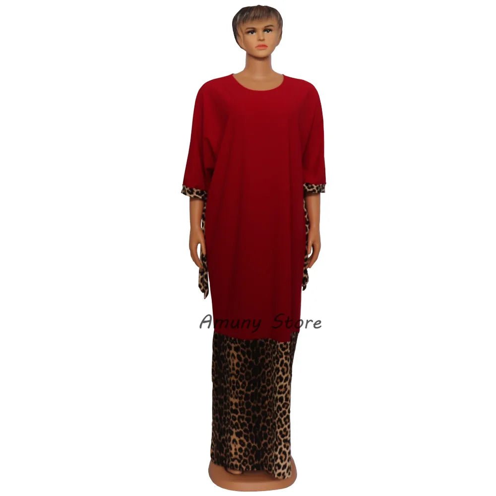 African Women’s Long Dress – Leopard Accent, Stretch Lanon Fabric, O - Neck Plus Size Fashion Gown - Free Delivery Worldwide only at Flexi Africa