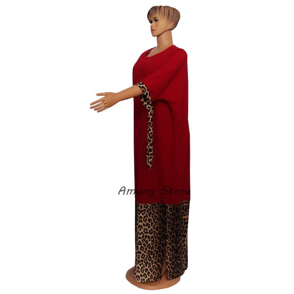 African Women’s Long Dress – Leopard Accent, Stretch Lanon Fabric, O - Neck Plus Size Fashion Gown - Free Delivery Worldwide only at Flexi Africa