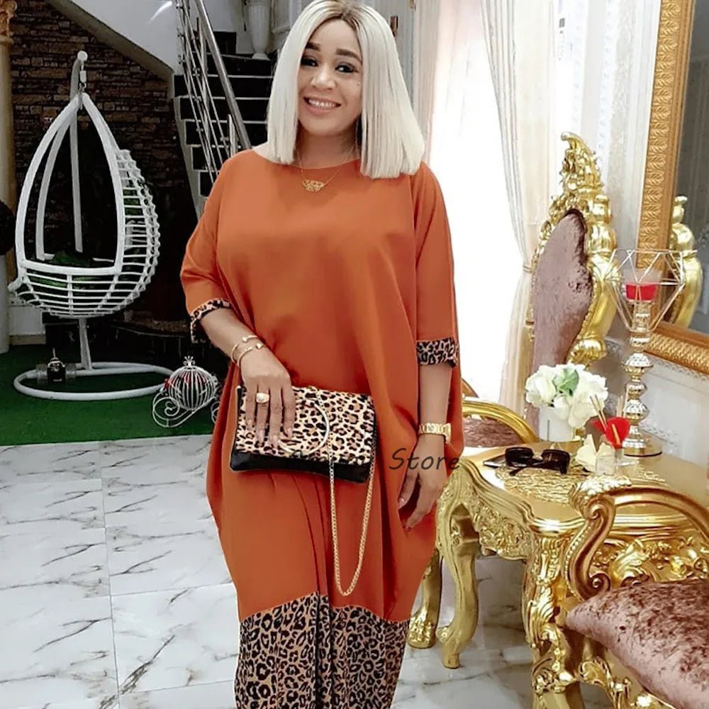 African Women’s Long Dress – Leopard Accent, Stretch Lanon Fabric, O - Neck Plus Size Fashion Gown - Free Delivery Worldwide only at Flexi Africa