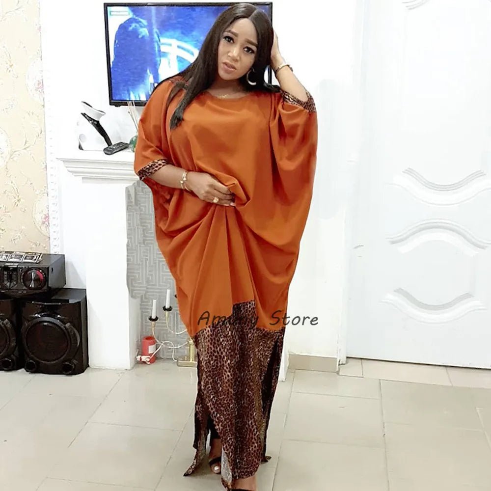 African Women’s Long Dress – Leopard Accent, Stretch Lanon Fabric, O - Neck Plus Size Fashion Gown - Free Delivery Worldwide only at Flexi Africa
