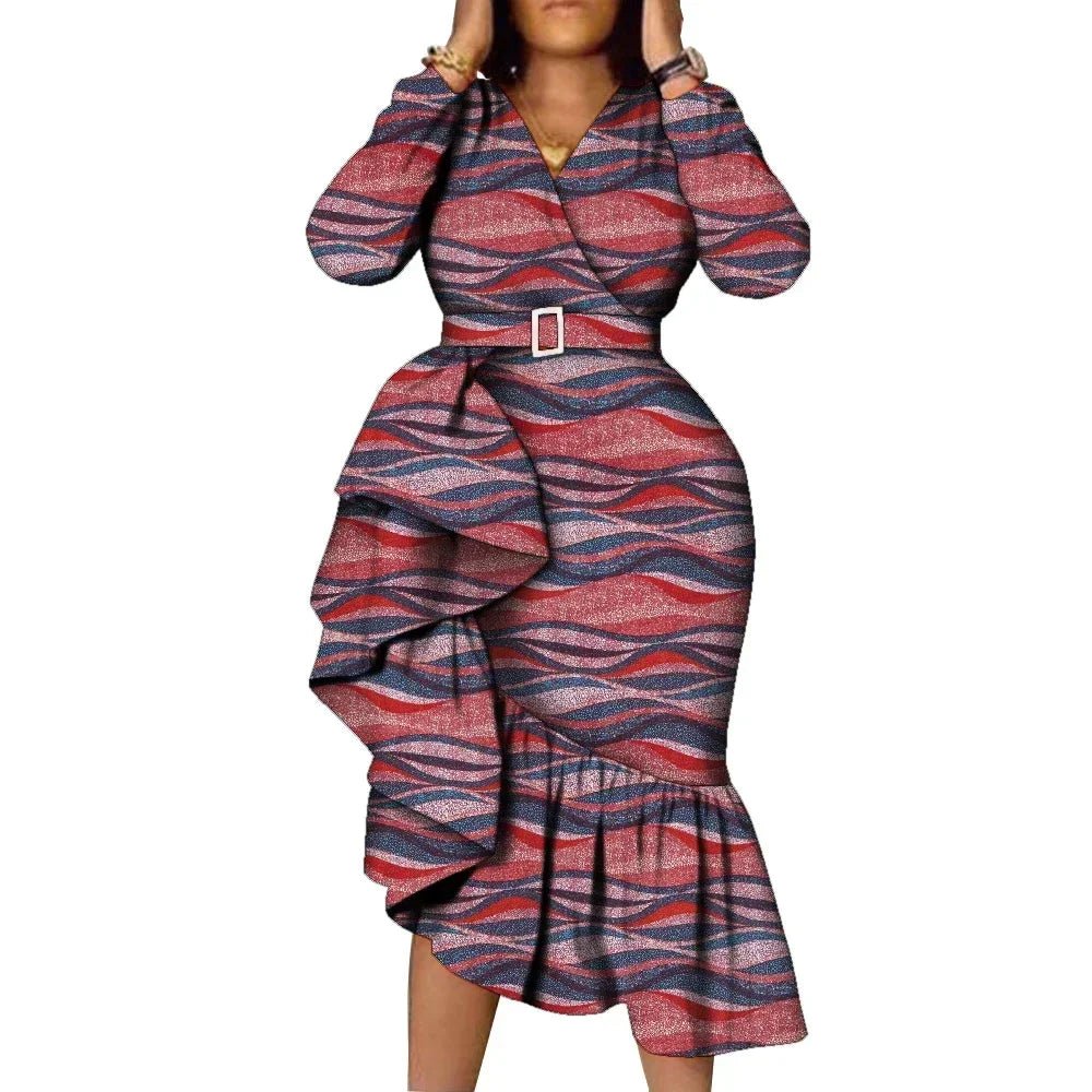 African Women’s Long Sleeve Dress – Wax Print Kitenge Ruffle Design with Irregular Hem Party Gown - Free Delivery Worldwide only at Flexi Africa