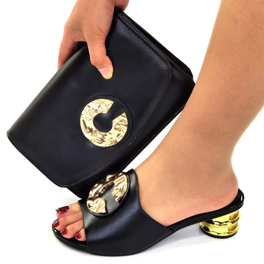 African Women’s Low Heel Leather Slippers with Matching Bag – Comfortable Casual Fashion Set - Free Delivery Worldwide only at Flexi Africa