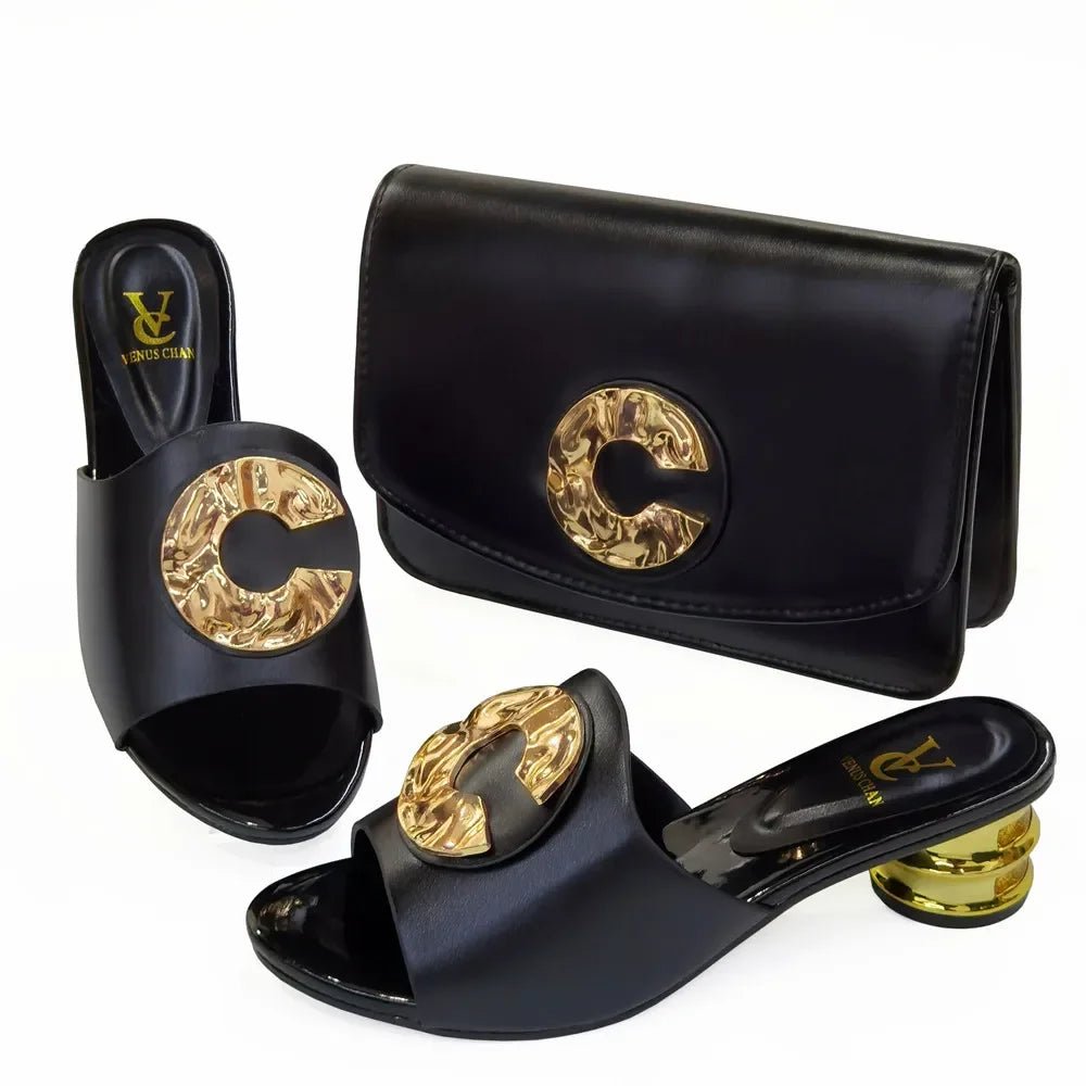 African Women’s Low Heel Leather Slippers with Matching Bag – Comfortable Casual Fashion Set - Free Delivery Worldwide only at Flexi Africa