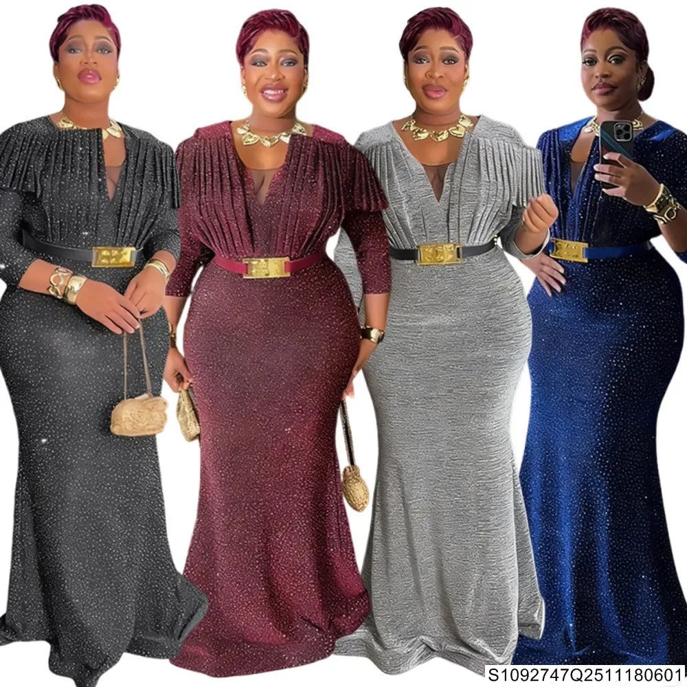 African Women’s Luxury Oversized Sequin Fishtail Maxi Dress – Elegant Banquet & Party Gown - Free Delivery Worldwide only at Flexi Africa