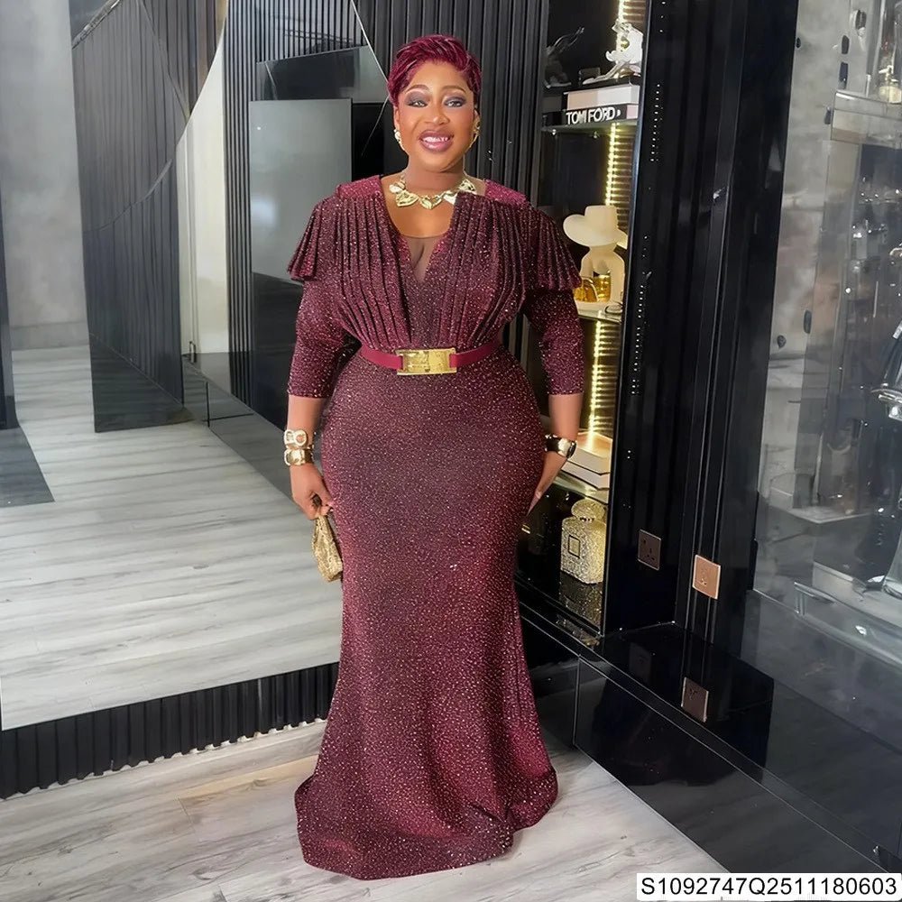 African Women’s Luxury Oversized Sequin Fishtail Maxi Dress – Elegant Banquet & Party Gown - Free Delivery Worldwide only at Flexi Africa