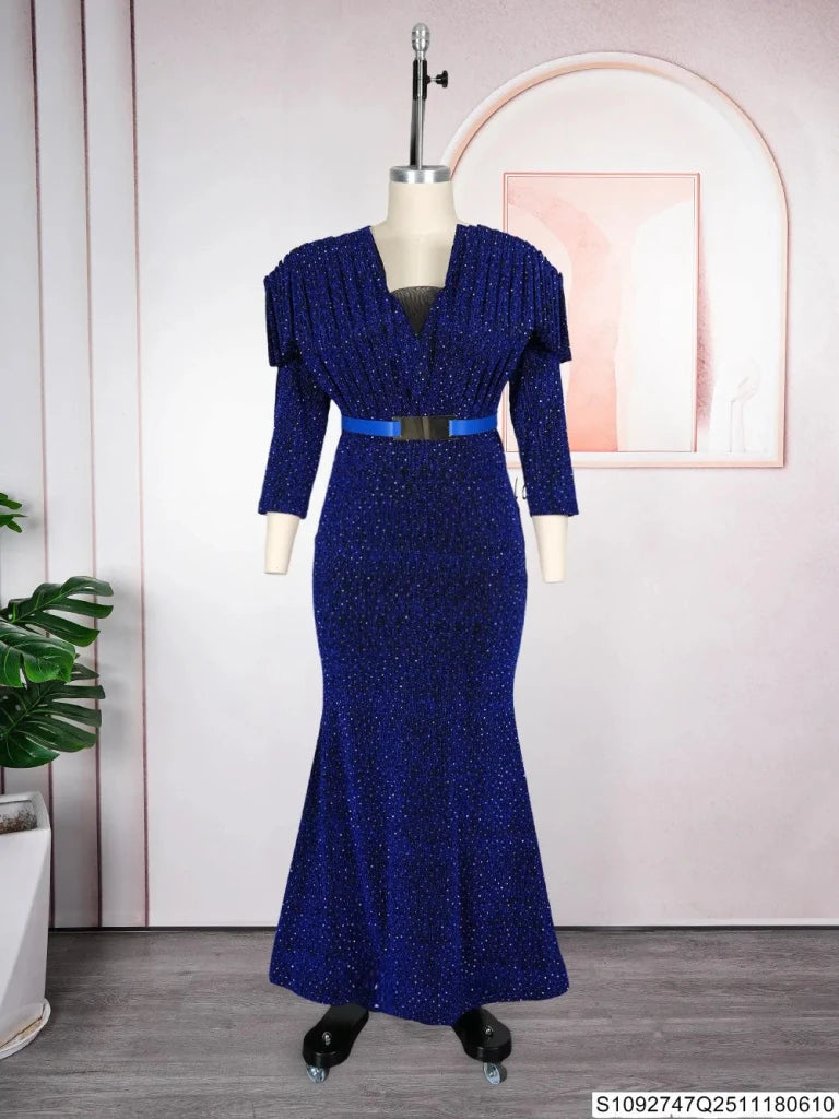 African Women’s Luxury Oversized Sequin Fishtail Maxi Dress – Elegant Banquet & Party Gown - Free Delivery Worldwide only at Flexi Africa
