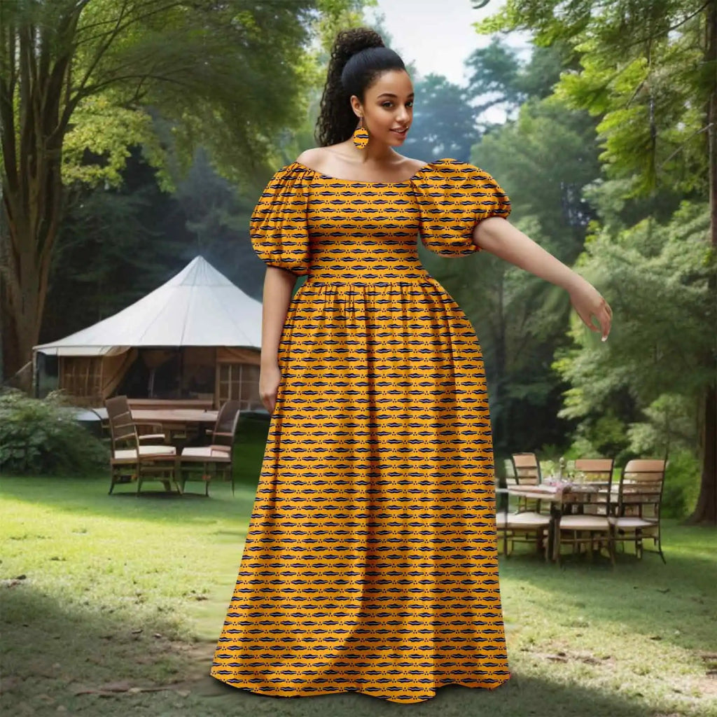 African Women’s Strapless Dress with Bubble Sleeves & Matching Earrings - Free Delivery Worldwide only at Flexi Africa