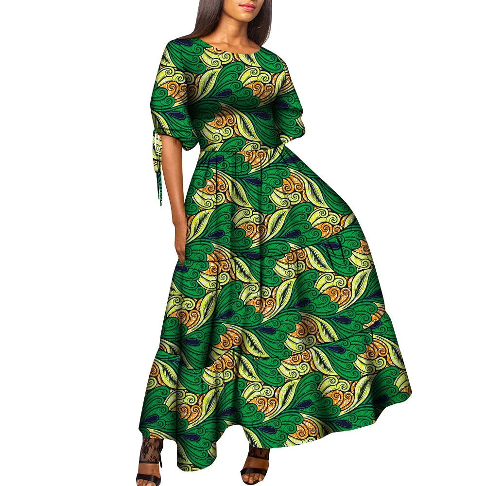 African Women’s Wax Print Maxi Dress – O - Neck High Waist Elegant Party Dress - Free Delivery Worldwide only at Flexi Africa