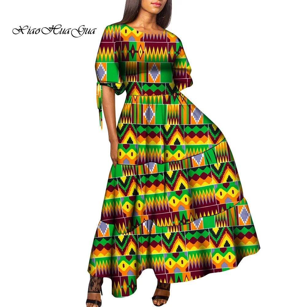 African Women’s Wax Print Maxi Dress – O - Neck High Waist Elegant Party Dress - Free Delivery Worldwide only at Flexi Africa