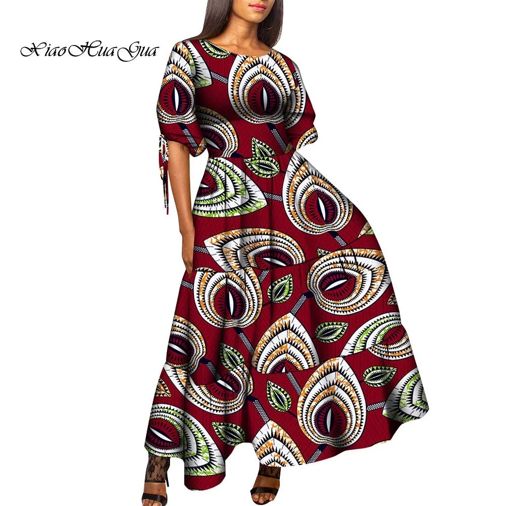 African Women’s Wax Print Maxi Dress – O - Neck High Waist Elegant Party Dress - Free Delivery Worldwide only at Flexi Africa