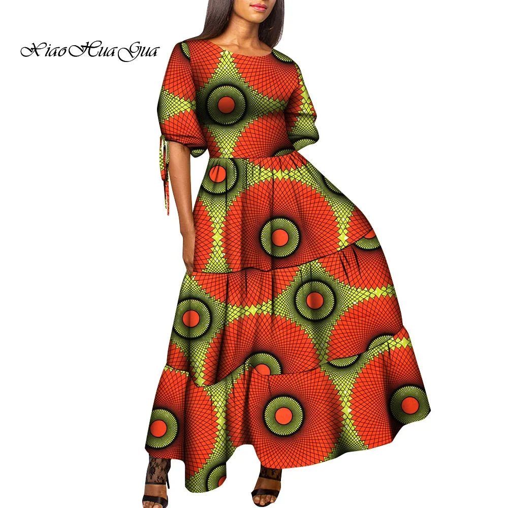 African Women’s Wax Print Maxi Dress – O - Neck High Waist Elegant Party Dress - Free Delivery Worldwide only at Flexi Africa