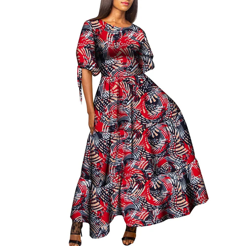 African Women’s Wax Print Maxi Dress – O - Neck High Waist Elegant Party Dress - Free Delivery Worldwide only at Flexi Africa