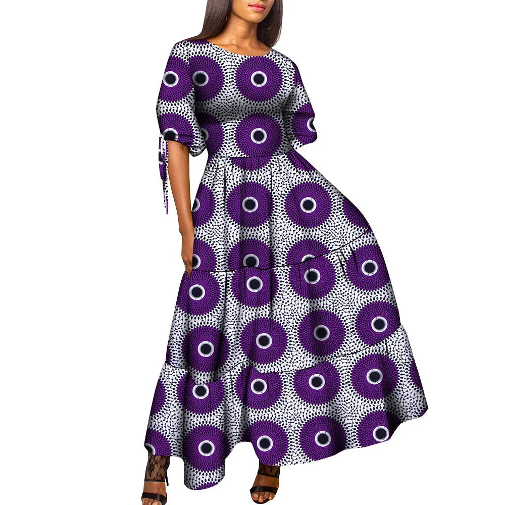African Women’s Wax Print Maxi Dress – O - Neck High Waist Elegant Party Dress - Free Delivery Worldwide only at Flexi Africa