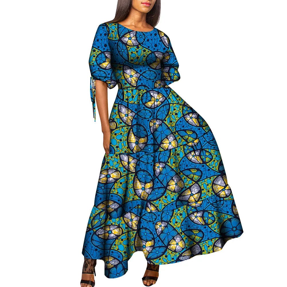 African Women’s Wax Print Maxi Dress – O - Neck High Waist Elegant Party Dress - Free Delivery Worldwide only at Flexi Africa