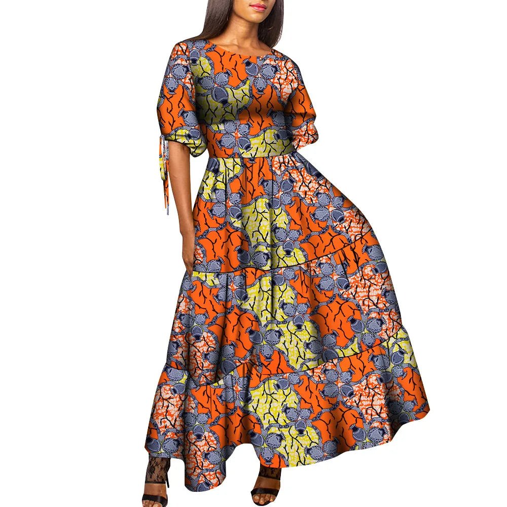 African Women’s Wax Print Maxi Dress – O - Neck High Waist Elegant Party Dress - Free Delivery Worldwide only at Flexi Africa