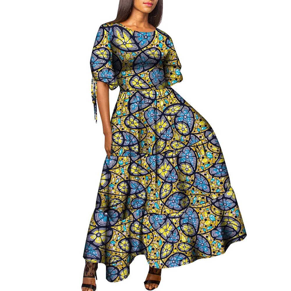 African Women’s Wax Print Maxi Dress – O - Neck High Waist Elegant Party Dress - Free Delivery Worldwide only at Flexi Africa