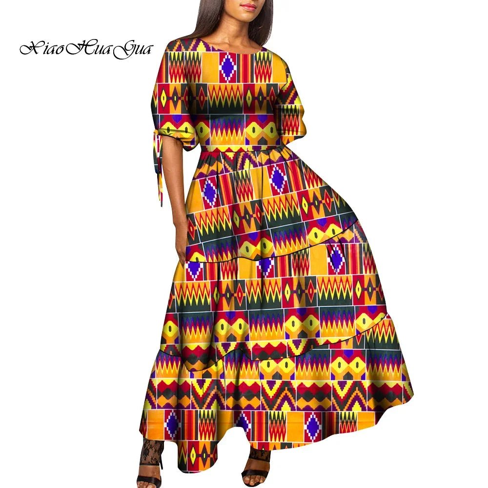 African Women’s Wax Print Maxi Dress – O - Neck High Waist Elegant Party Dress - Free Delivery Worldwide only at Flexi Africa