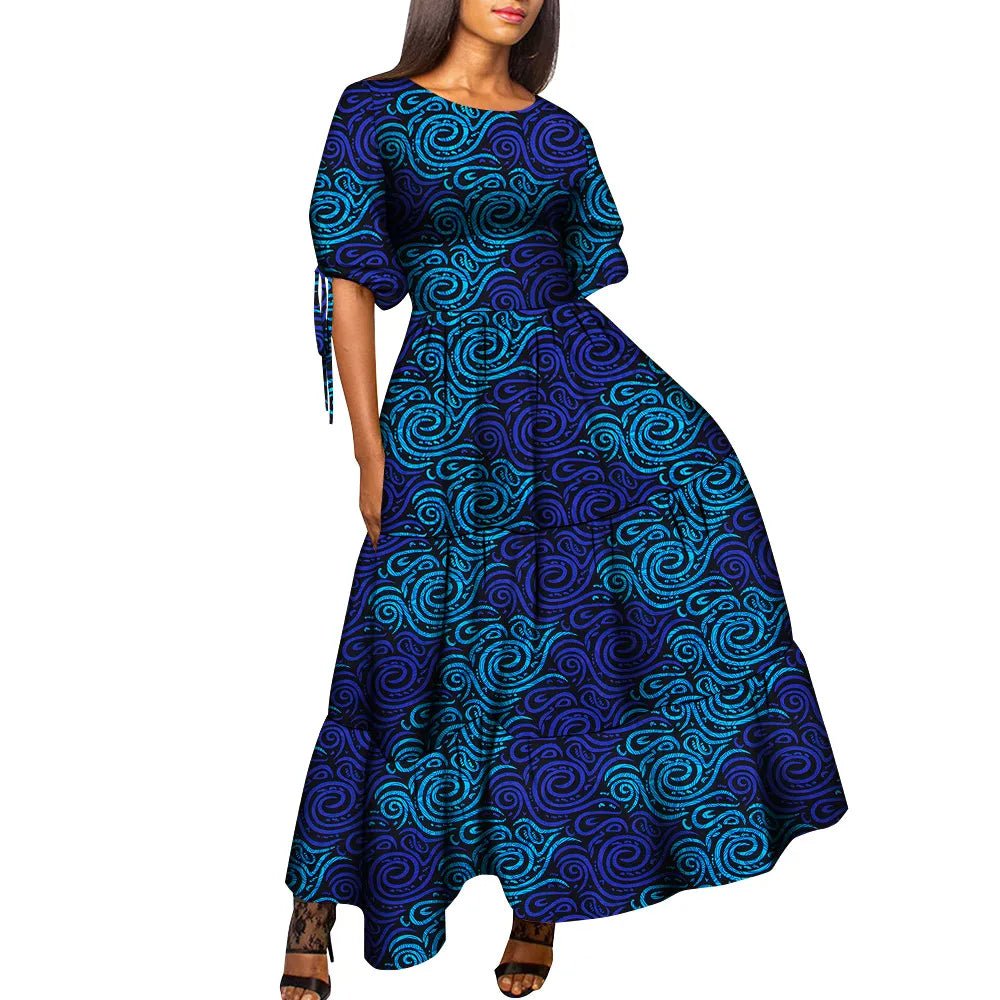 African Women’s Wax Print Maxi Dress – O - Neck High Waist Elegant Party Dress - Free Delivery Worldwide only at Flexi Africa