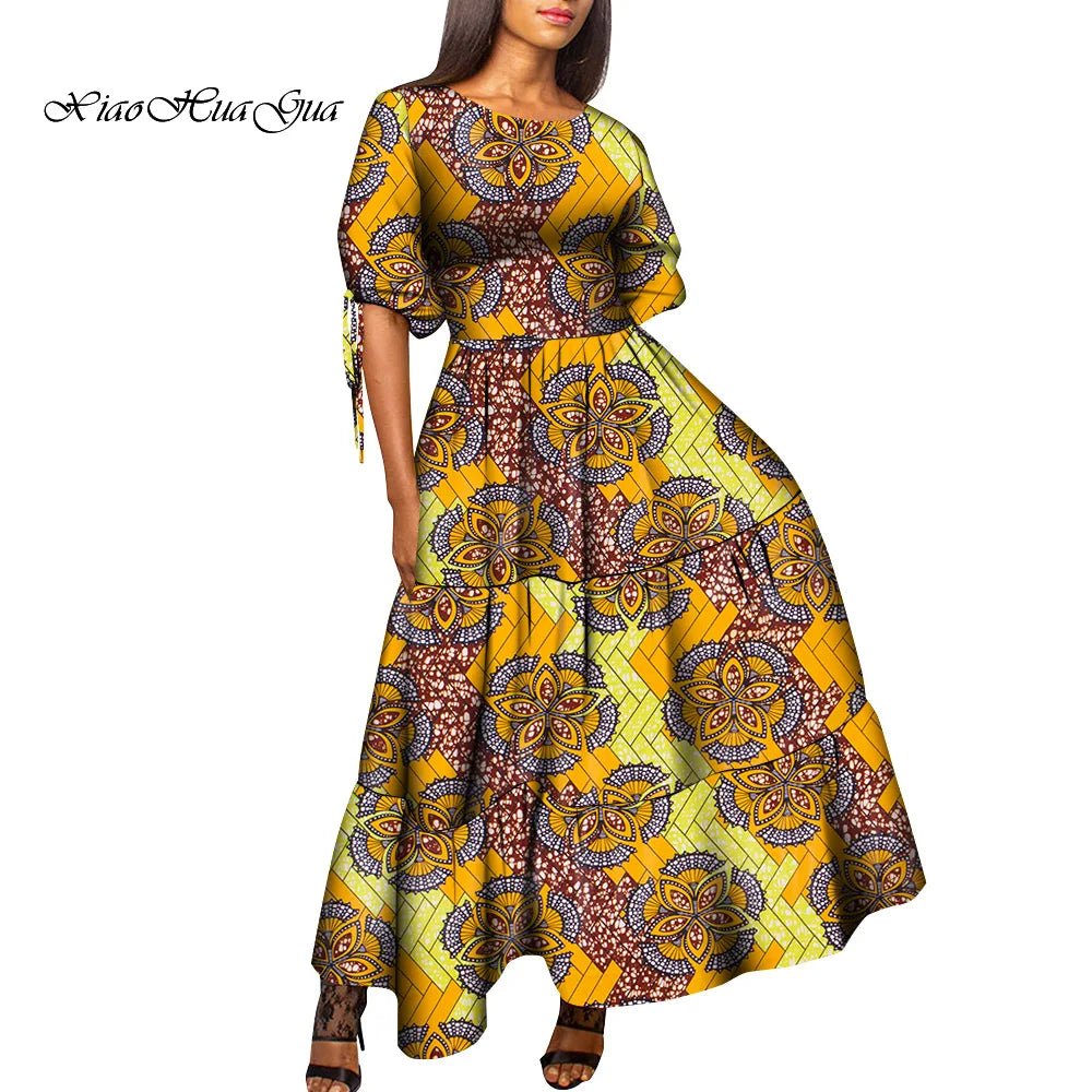 African Women’s Wax Print Maxi Dress – O - Neck High Waist Elegant Party Dress - Free Delivery Worldwide only at Flexi Africa