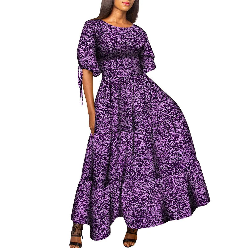 African Women’s Wax Print Maxi Dress – O - Neck High Waist Elegant Party Dress - Free Delivery Worldwide only at Flexi Africa