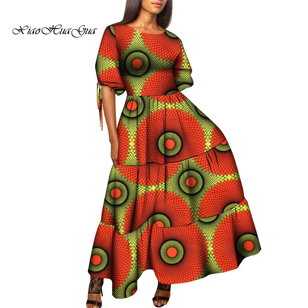 African Women’s Wax Print Maxi Dress – O - Neck High Waist Elegant Party Dress - Free Delivery Worldwide only at Flexi Africa