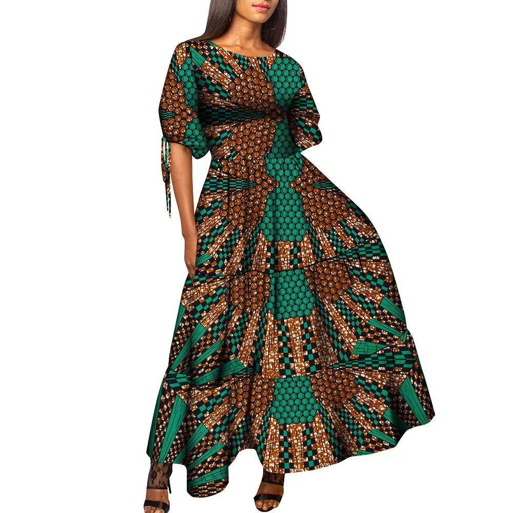 African Women’s Wax Print Maxi Dress – O - Neck High Waist Elegant Party Dress - Free Delivery Worldwide only at Flexi Africa