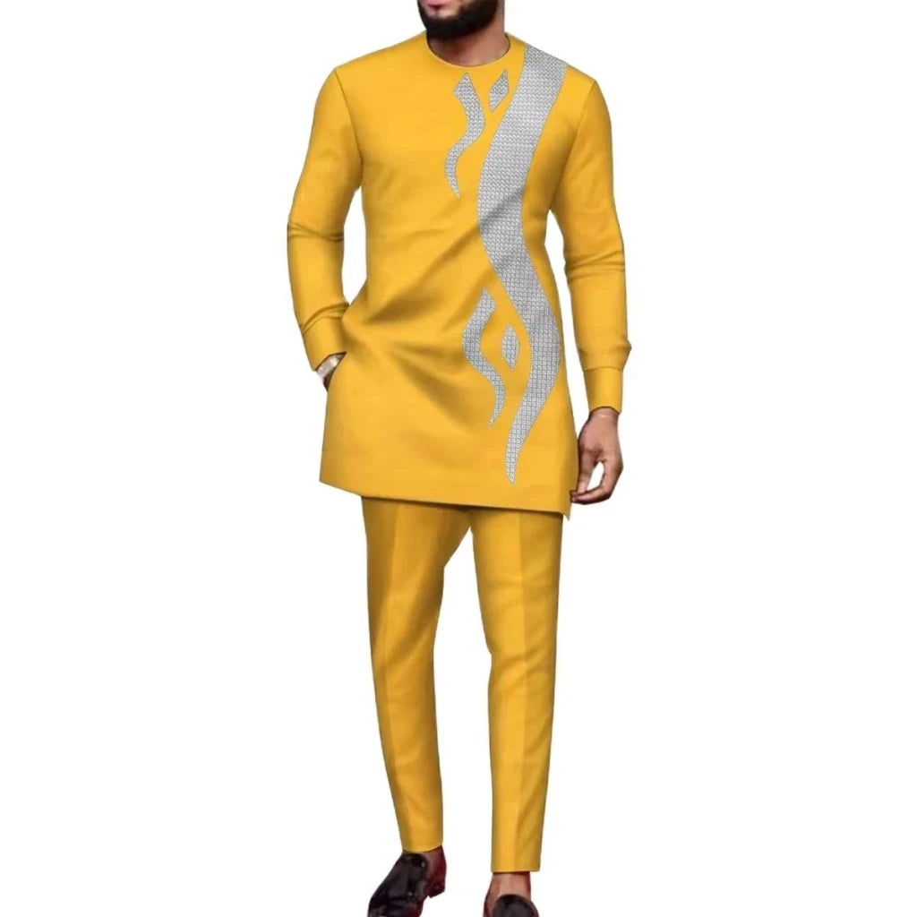 African Youth Brown Stand Collar Dashiki Shirt Suit – Slim Fit Bazin Riche Casual Outfit - Free Delivery Worldwide only at Flexi Africa